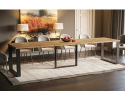 Ambachtelijk Eiken Uitschuifbare Eettafel – - Goud - Eettafel – 130-330 cm – - Medahomestore