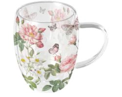 Ambiente-dubbelwandig theeglas- Amelia - bloemen - planten - vlinders -roze - groen - borosilicaat