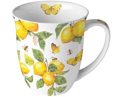 Ambiente-mok-beker met oor- fresh lemons- citroen-porselein-zomer-vrolijke print - geel- wit- groen