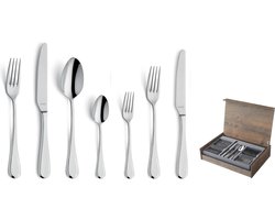 Amefa - Drift - 84-delig voor 12 personen - Bestekset met luxe houten kist - Zilver - RVS - Vaatwasmachinebestendig - 18/10 - 12 persoons