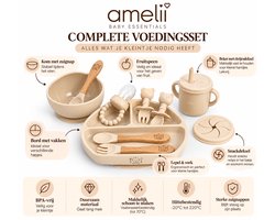 Amelii Baby Serviesset – Siliconen Baby Eetset – Bord, Kom, Beker, Lepel & Eetpak – BPA Vrij – Antislip – Vaatwasserbestendig – Beige