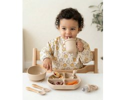 Amelii Siliconen Baby Eetset – 5-delig – Bord, Kom, Beker, Lepel & Eetpak – BPA-vrij – Antislip – Vaatwasserbestendig – Beige