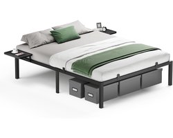 Amolass - Bedframe - Tweepersoonsbed - 160 x 200 cm - Metaal - Zwart - Met Opbergplankjes - Veel opbergruimte onder het Bed