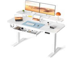 Amolass - Bureau - In hoogte verstelbaar - Elektrisch - Zit/Sta Bureau - Met Lade - 120x60x(72-116)cm - Wit - Modern - Gemakkelijk