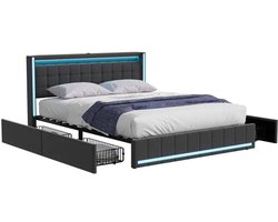 Amolass - Gestoffeerd Bed - Tweepersoonsbed - Bedframe voor 140x200cm Matras - Met LED-Verlichting en USB - Zonder Matras