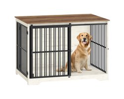 Amolass - Hondenbench - Meubel - Bijzettafel - Voor grote Honden - 110x65x81cm - MaatXL - Wit/Bruin - 2-deuren - Hout/Metaal - Industrieel