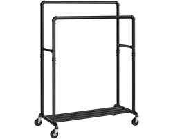 Amolass - Kledingrek - Op Wieltjes - Voor Zware Lasten - 59x100x162cm - Dubbel Rek - Met Schoenenplank - Industrieel - Zwart