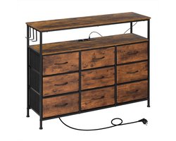 Amolass - Ladekast - 9 Stoffen lades - Met Stopcontact - LED-Verlichting - 110x85x30cm - Zwart/Bruin - Industrieel - Woonkamer