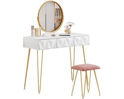Amolass - Make up Tafel - Kaptafel - Make up Bureau - Met Spiegel en Stoel - Goud/Wit - 360° Draaibare Spiegel - Cadeau voor Haar