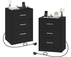 Amolass - Nachtkastje - Set van 2 nachtkastjes - Met stopcontacten - Zwart - Metaal - Luxe - Modern - 3 Lades - 39x28x54cm