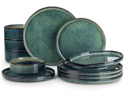 Amolass - Serviesset - 12-delig - 4 Persoons - Dinerborden - Dessertborden - Soepkommen - Groen - Modern design - Krasbestendig
