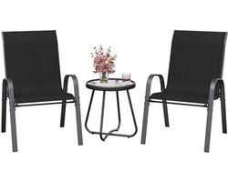 Amopatio 3-delige balkonmeubelset, bistroset klein, met bistrotafel en 2 stapelbare tuinstoelen van textiel en metalen frame, tuinmeubelen, weerbestendig, voor balkon, tuin, zwart