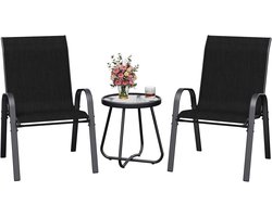 Amopatio 3-delige balkonmeubelset, bistroset klein, met bistrotafel en 2 stapelbare tuinstoelen van textiel en metalen frame, tuinmeubelen, weerbestendig, voor balkon, tuin, zwart