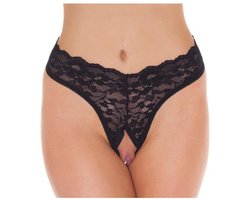 Amorable - G-String met Kanten Ruches - Open Kruis - One Size - Zwart