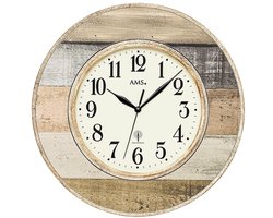 AMS 5975 Wanddecoratieve klok Radiogestuurde klok Radiogestuurde wandklok Ronde vintage antieke landelijke stijl kunststof behuizing in houtdecoroptiek