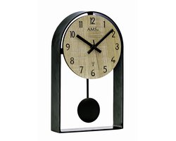AMS F5189 - Wandklok - Tafelklok - Analoog - Slingeruurwerk - Metaal - Hout - Halfrond - Radiogestuurde tijdsaanduiding - Cijfers - Zwart - Beige/Crème