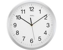 AMS F5525 - Wandklok - Rond - Radiogestuurde tijdsaanduiding - Aluminium - Mineraal glas - 50 cm ø - Zilverkleurig - Wit