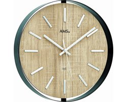 AMS F5587 - Wandklok - Analoog - Radiogestuurde tijdsaanduiding - Rond - Hout - Metaal - Strepen - Zwart - LichtBruin - Zilverkleurig