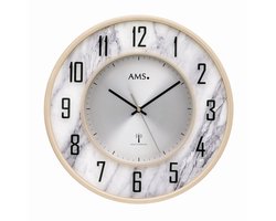 AMS F5588 - Wandklok - Analoog - Radiogestuurde tijdsaanduiding - Rond - Aluminium - Kunststof Marmerlook - Mineraal Glas - Cijfers - Beige/Crème - Wit Marmerlook - Zwart
