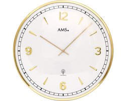 AMS F5609 - Wandklok - Analoog - Radiogestuurde tijdsaanduiding - Metaal - Mineraal Glas - Rond - diameter 40 cm ø - Cijfers - Strepen - Goudkleurig - Wit