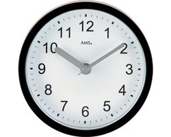 AMS F5928 - Wandklok - Analoog - Radiogestuurde tijdsaanduiding - Waterdicht - Kunststof - Aluminium - Mineraal Glas - Cijfers - Zwart - Wit - Zilverkleurig