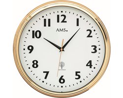 AMS F5963 - Wandklok - Analoog - Rond - Radiogestuurde tijdsaanduiding - Metaal - Mineraal Glas - Ø32 cm - Goudkleurig - Wit
