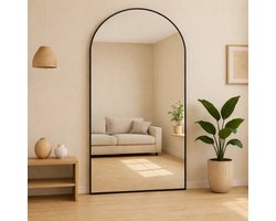 AMS Living® Spiegel - Boog Spiegel - Grote Spiegel 200 x 100 cm - Passpiegel - Wandspiegel - Staande Spiegel - Metalen Rand - Zwart - Modern - Kleedkamer Spiegel - 200x100cm