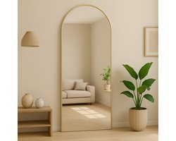 AMS Living® Spiegel - Boog Spiegel - Grote Spiegel 200 x 80 cm - Passpiegel - Wandspiegel - Staande Spiegel - Metalen Rand - Goud - Modern - Kleedkamer Spiegel - 200x80cm
