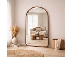 AMS Living® Spiegel - Boog Spiegel - Japandi Spiegel - Grote Spiegel 200 x 100 cm - Passpiegel - Wandspiegel - Staande Spiegel - Houten Rand - Eikenhout - Modern - Kleedkamer Spiegel - Houten Eikenhouten Boogspiegel - 200x100cm