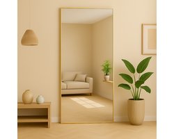 AMS Living® Spiegel - Rechthoekige Spiegel - Grote Spiegel 200 x 100 cm - Passpiegel - Wandspiegel - Staande Spiegel - Metalen Rand - Goud - Modern - Kleedkamer Spiegel - 200x100cm