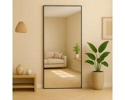 AMS Living® Spiegel - Rechthoekige Spiegel - Grote Spiegel 200 x 100 cm - Passpiegel - Wandspiegel - Staande Spiegel - Metalen Rand - Zwart - Modern - Kleedkamer Spiegel - 200x100cm