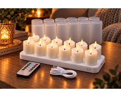 AMS Oplaadbare Waxinelichtjes 12 Stuks – LED Theelichtjes met Afstandsbediening – Oplaadstation – Timer – Flikkerende Vlam – Inclusief Transparante Hulzen
