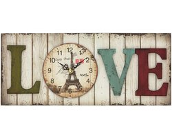 AMS W9429 – Wandklok - Analoog - Quartz – Glas – Hout – 40x17x5 cm – Cijfers - LOVE - Wit - Multikleur