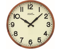 AMS W9535 - Wandklok - Analoog - Rond - Hout - Mineraal Glas - Bruin - Wit