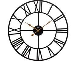 AMS W9685 - Wandklok - Analoog - Rond - Metaal - Romeinse Cijfers - Zwart - Geel/Goudkleurig - D50 x 3 cm