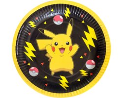Amscan Pokemon themafeest gebaksbordjes - 8x - zwart/geel - karton - D18 cm