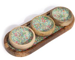 Ancient Wisdom - Decoratief dienblad - Dienblad van mango hout met 3 kommen - multicolor - interieuraccessoire - tafeldecoratie - servies - keukenaccessoire - woonaccessoire