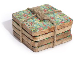 Ancient Wisdom - Decoratief dienblad - Multicolor houten dienblad met vierkante onderzetters - tafelaccessoire - interieurdecoratie - serveerblad - keukenaccessoire - decoratieaccessoire - cadeau