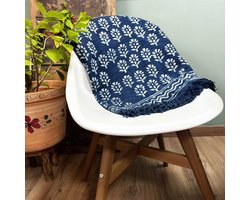 Ancient Wisdom - Plaid - Handgemaakte indigo plaid 170x120cm van katoen en hennep - deken - sjaal - interieur - accessoire - textiel - decoratie