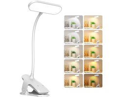 Anfanor oplaadbare bureaulamp met 36 LED's, clip, 5 kleuren , 5 helderheidsniveaus, oogbescherming en 360° flexibele leeslamp voor boeken, bed en computer (wit)