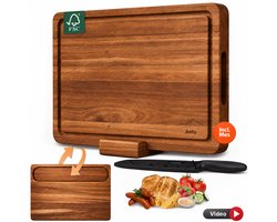 ANFO Houten Snijplank van Acaciahout 38×26×3 cm - Dubbelzijdige Snij- en Borrelplank met Mes, Serveergeul en Houder