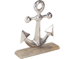 Anker Decoratie Metaal op Houten Basis Zilver Natuurlijk H21cm