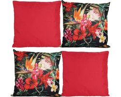 Anna Collection Bank/tuin kussens set - binnen/buiten - 4x stuks - rood/print - In 2 kleuren combi mix