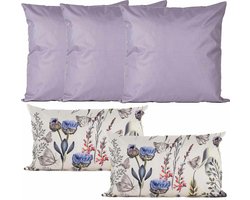 Anna Collection Bank/tuin kussens set - binnen/buiten - 5x stuks - lila/tropical summer - In 2 formaten laag/hoog