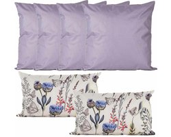 Anna Collection Bank/tuin kussens set - binnen/buiten - 6x stuks - lila/tropical summer - In 2 formaten laag/hoog
