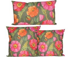 Anna Collection Sierkussen set - 3x stuks - binnen/buiten - klaprozen bloem - roze en groen