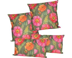 Anna Collection Sierkussen set voor binnen/buiten - 4x stuks - klaprozen bloemen - roze/groen - tuinkussens