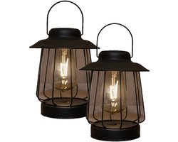 Anna Collection Tuin lantaarn tafellamp - 2x - Solar - zwart - D16 x H19 cm - LED buitenverlichting - Stijlvol