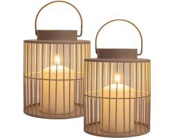 Anna Collection Windlicht/kaarsenhouder buiten lantaarn - 2x - beige/zand - 15 x 18 cm - metaal - Incl. LED kaars - tuinlampen