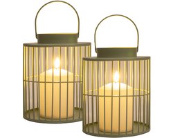 Anna Collection Windlicht/kaarsenhouder buiten lantaarn - 2x - groen - 15 x 18 cm - metaal - Incl. LED kaars - tuinlampen